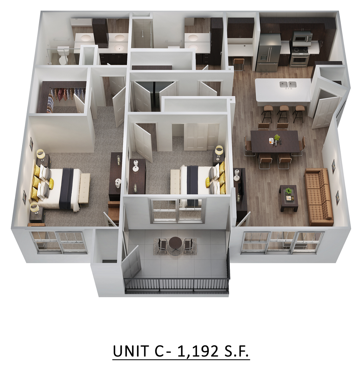 Floor plan for 2 beds, 2 baths, 1192 sqft